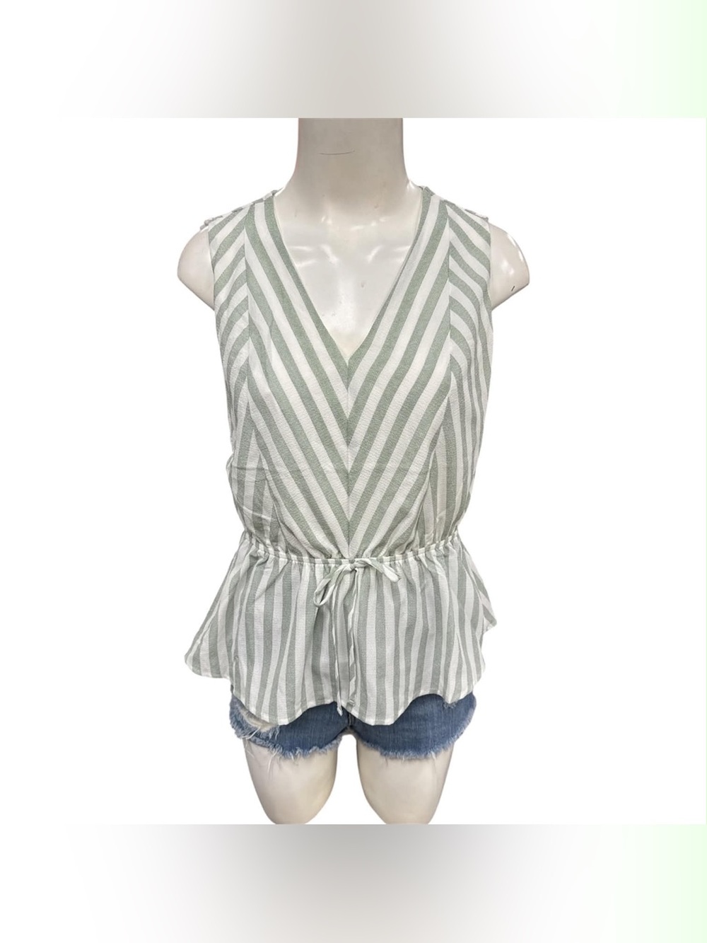 Monteau NWT Sage and White Striped V-Neck Tie-Waist Peplum Top Size M